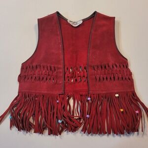 Vintage Red Leather Suede Western Kids Vest Size S Fringe And Beads
